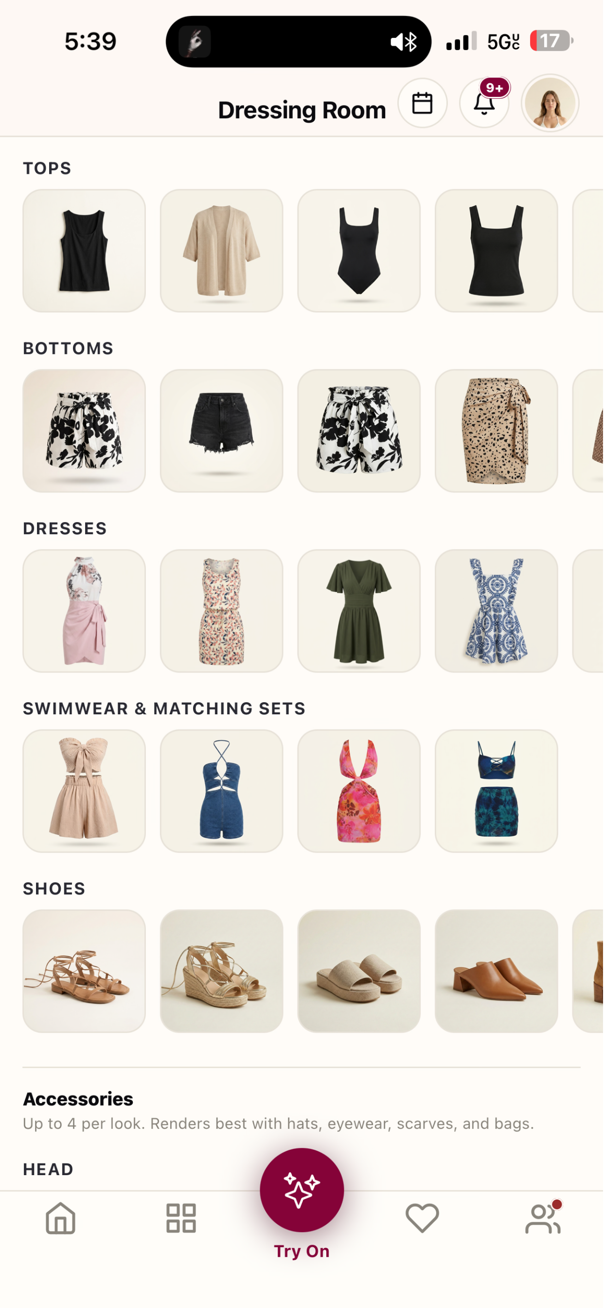 SyncedUp Dressing Room — build an outfit from the tops, bottoms, dresses and shoes you already own