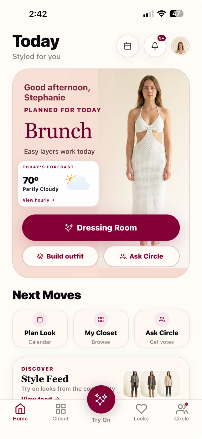 SyncedUp Home — your day styled for you with today's planned outfit and weather forecast
