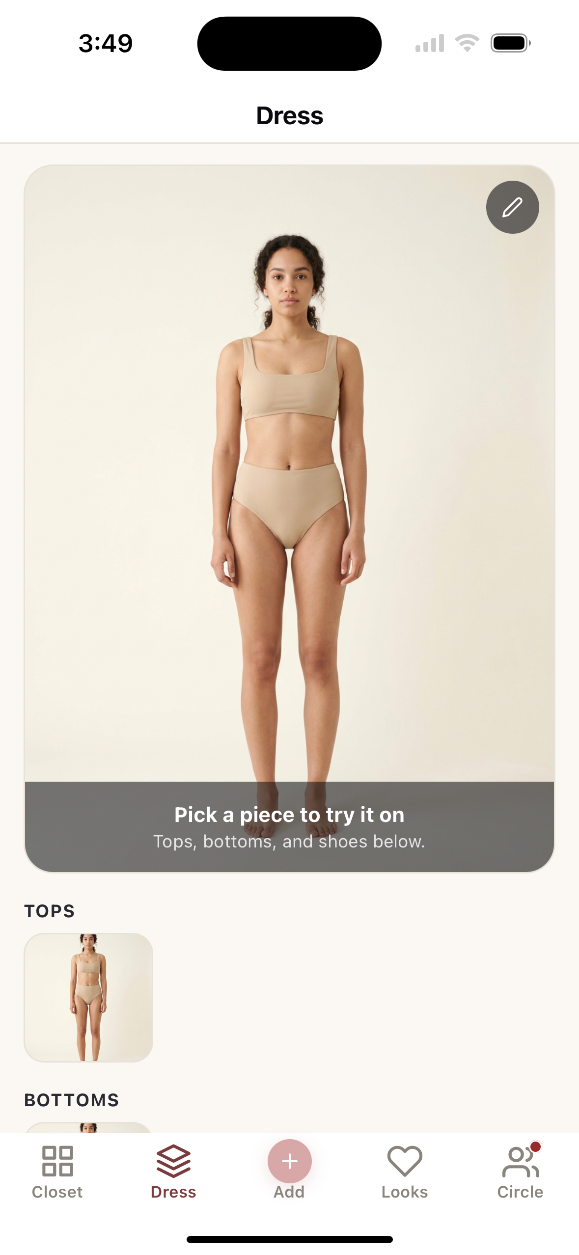 Dress tab: pick a piece to try it on